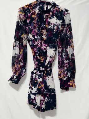 Lane Bryant Abstract Floral Long-Sleeve Mini Dress in Purple, Black and White